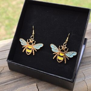 Elegant Gold and Blue Bee Earrings